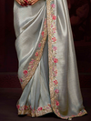 Silver Grey Banarasi Designer Silk Saree With Contrast Blouse