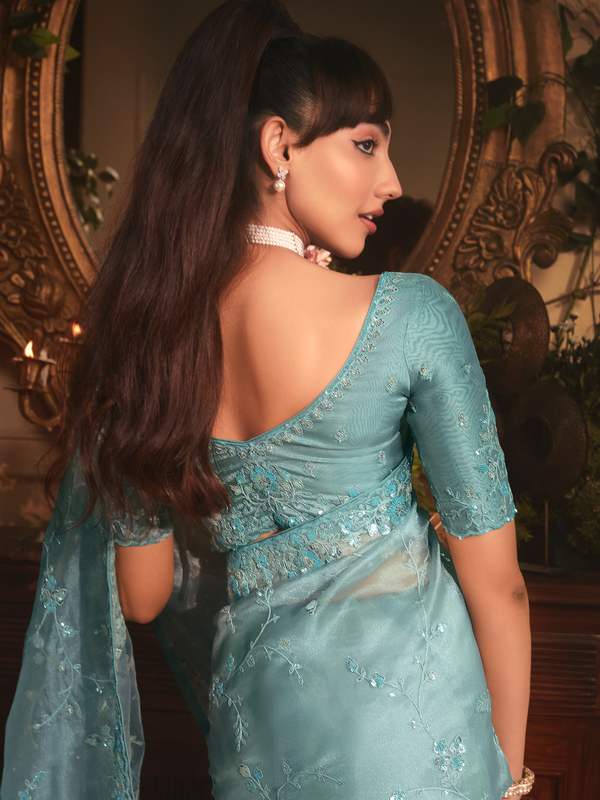 Teal Organza Silk Saree