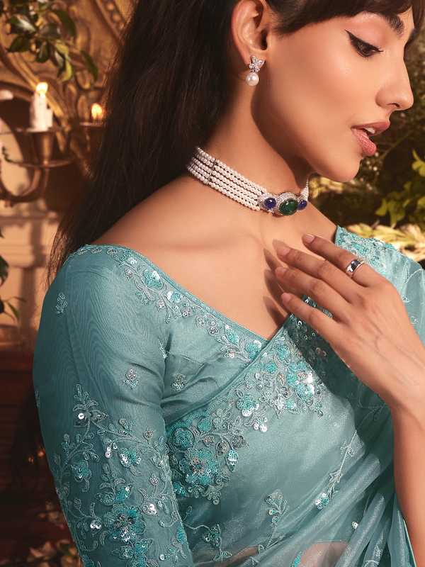 Teal Organza Silk Saree