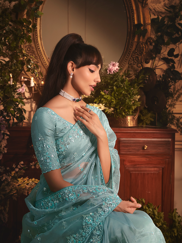 Teal Organza Silk Saree