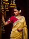 Golden Yellow Banarasi Designer Silk Saree With Contrast Blouse