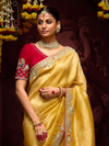 Golden Yellow Banarasi Designer Silk Saree With Contrast Blouse