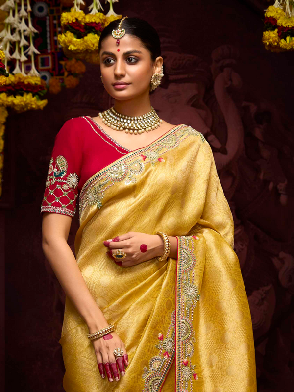 Golden Yellow Banarasi Designer Silk Saree With Contrast Blouse