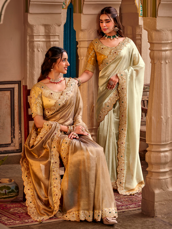 Antique Gold Embroidered Designer Tissue Silk Saree