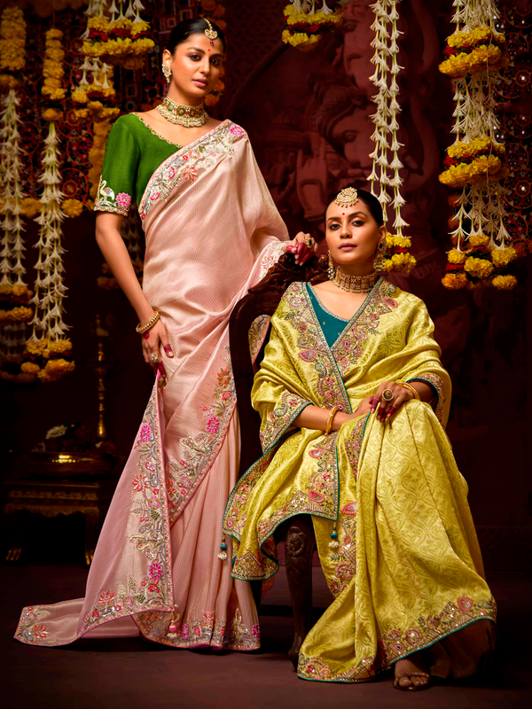 Lemon Yellow Banarasi Designer Silk Saree With Contrast Blouse
