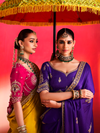 Golden Yellow Embroidered Designer Satin Silk Saree With Contrast Blouse