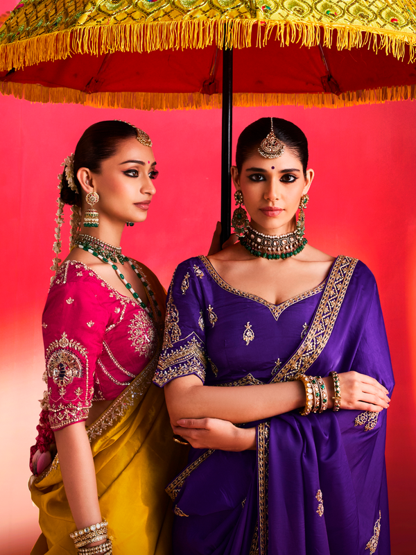 Violet Purple Embroidered Designer Satin Silk Saree