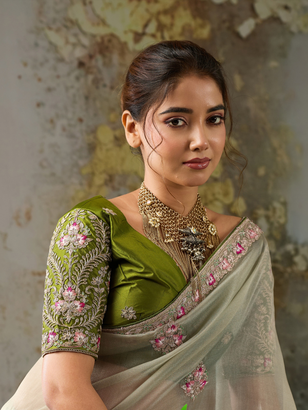 Sage Green Embroidered Designer Organza Silk Saree