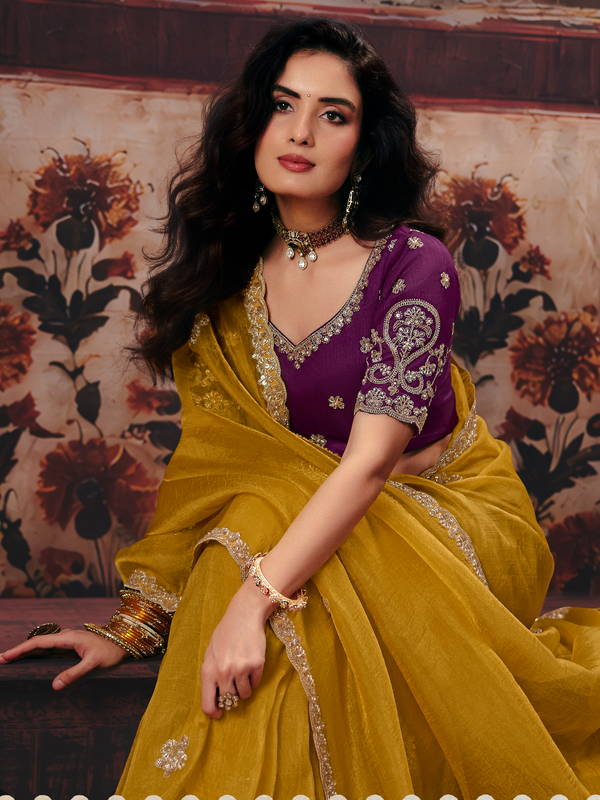 Mustard Yellow Embroidered Designer Organza Silk Saree With Contrast Blouse