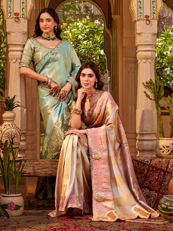 Mauve Pink Embroidered Designer Tissue Silk Saree
