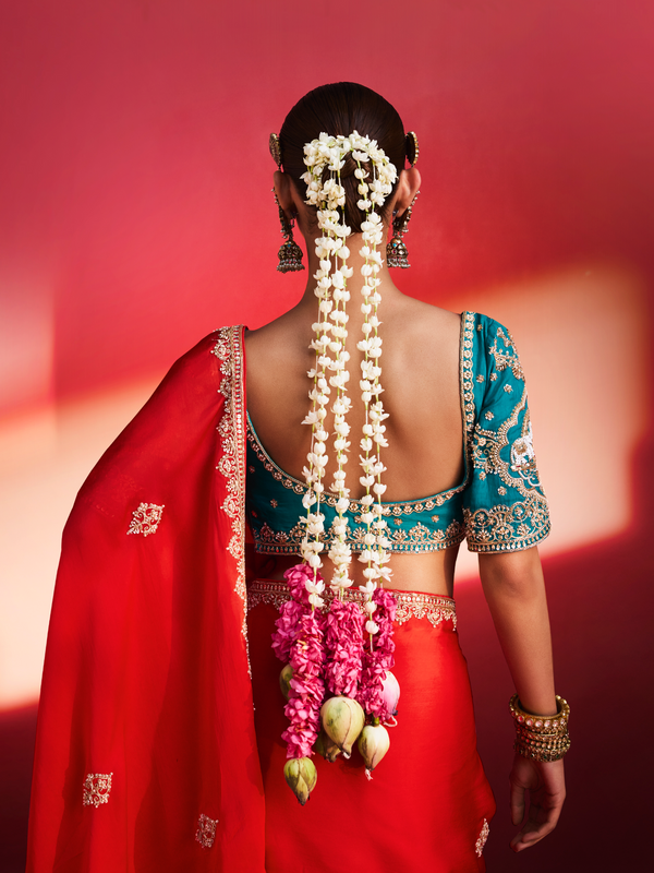 Scarlet Red Embroidered Designer Satin Silk Saree With Contrast Blouse