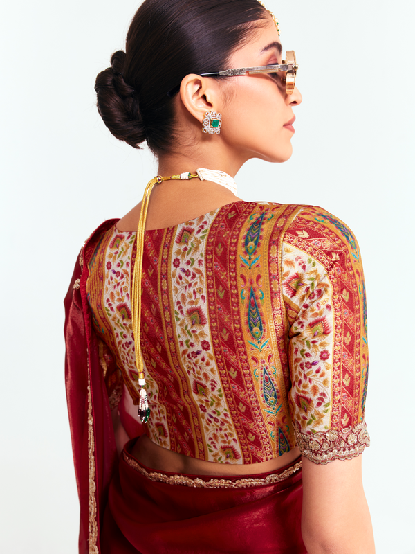Deep Maroon Tissue Silk Saree With Contrast Blouse