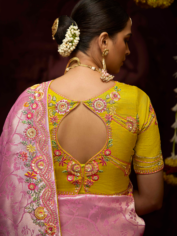 Pink Banarasi Designer Silk Saree With Contrast Blouse