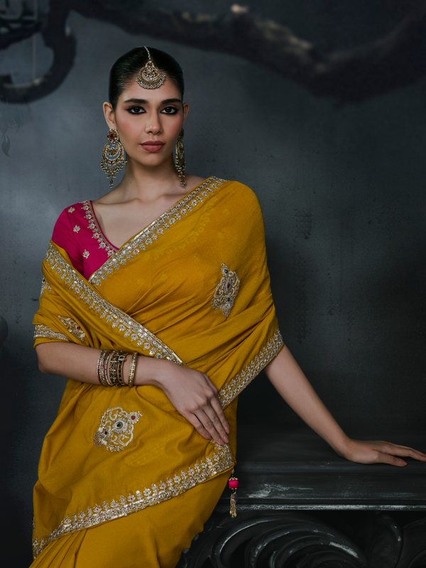 Mustard Yellow Embroidered Designer Satin Silk Saree With Contrast Blouse