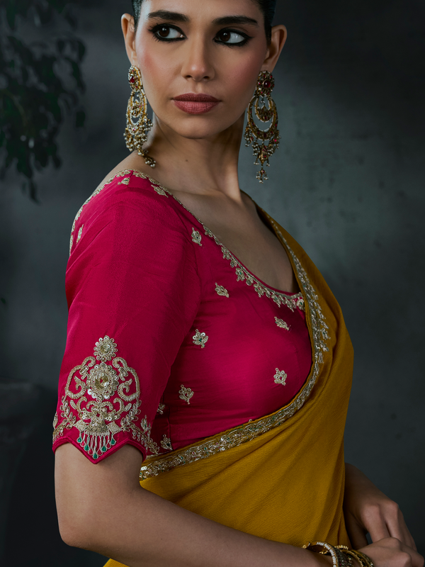 Mustard Yellow Embroidered Designer Satin Silk Saree With Contrast Blouse