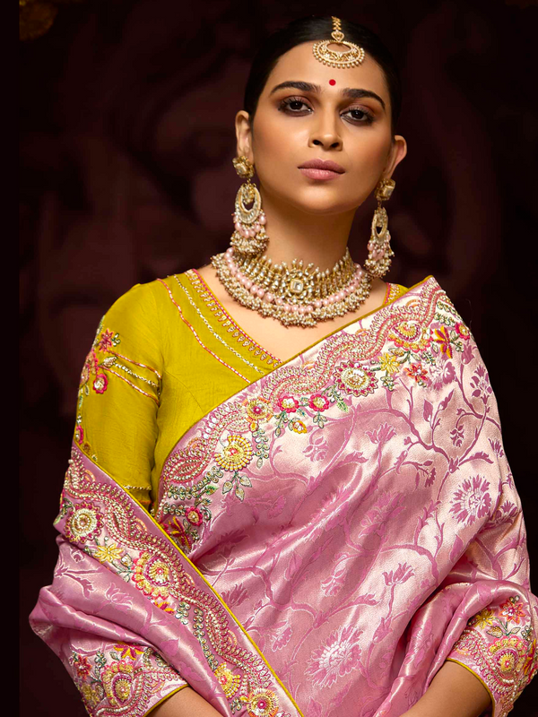 Pink Banarasi Designer Silk Saree With Contrast Blouse