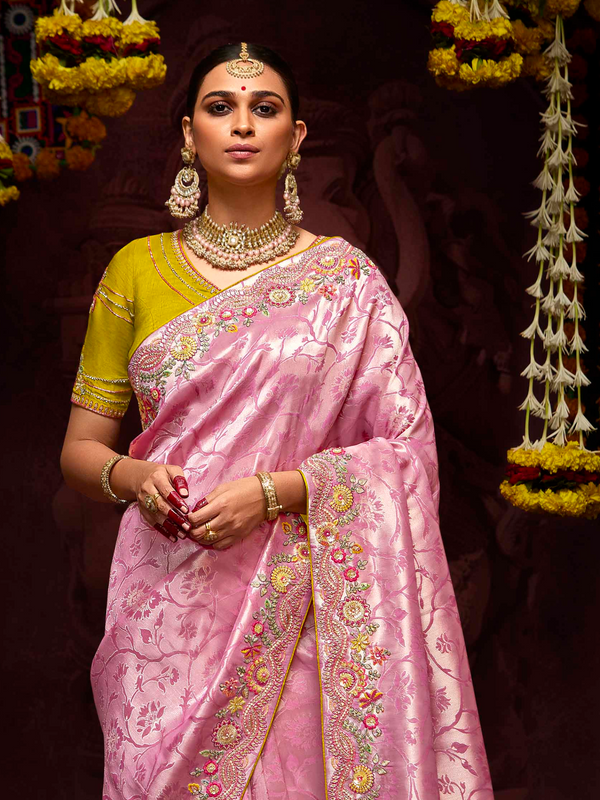 Pink Banarasi Designer Silk Saree With Contrast Blouse