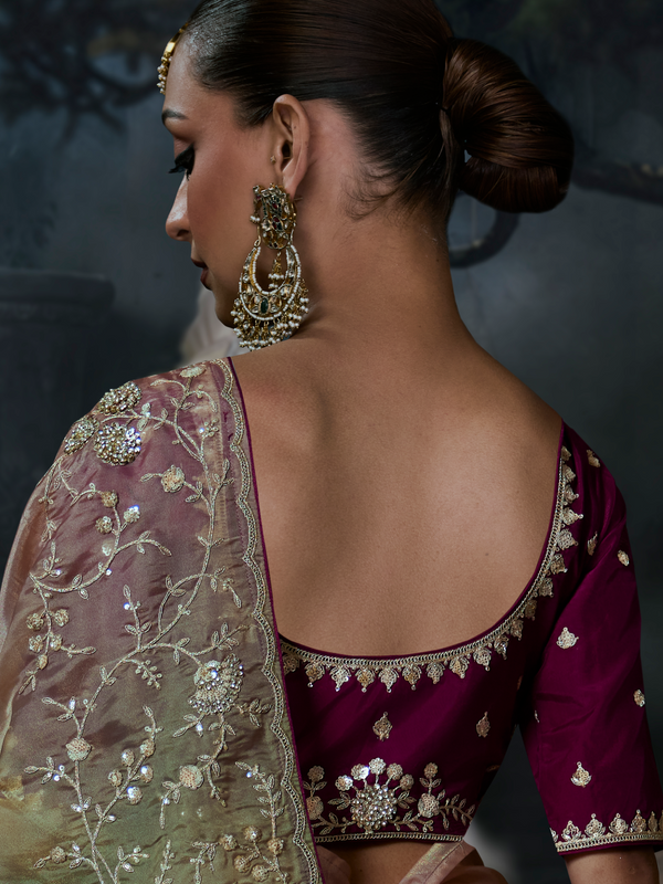 Dusty Rose Embroidered Designer Organza Silk Saree With Contrast Blouse