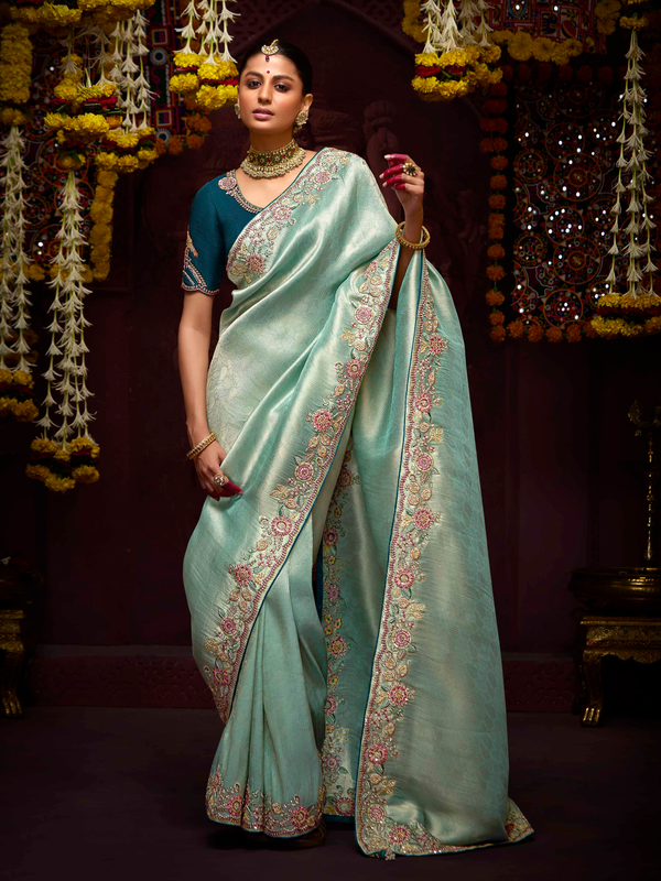 Mint Green Banarasi Designer Silk Saree With Contrast Blouse