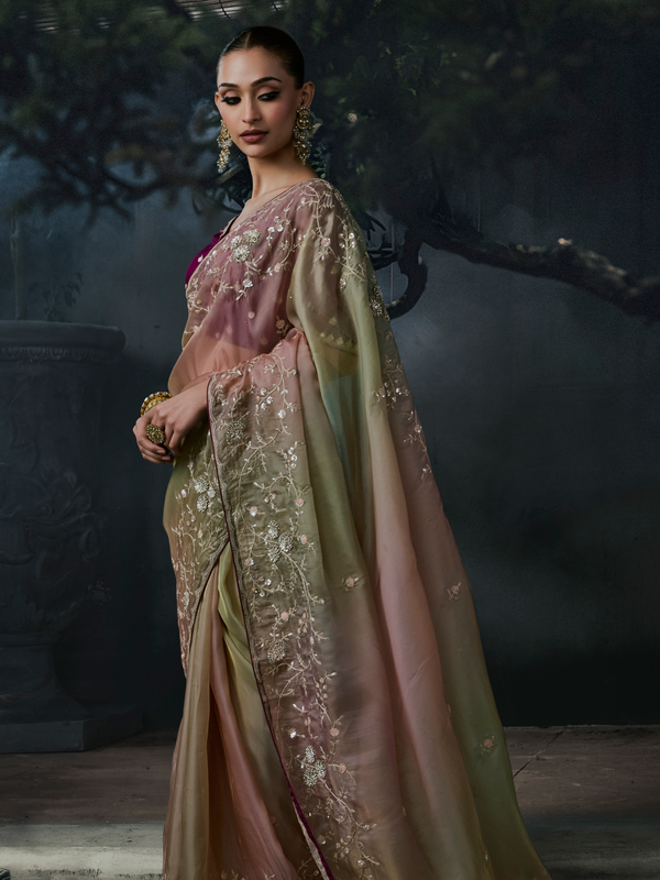 Dusty Rose Embroidered Designer Organza Silk Saree With Contrast Blouse