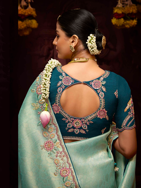 Mint Green Banarasi Designer Silk Saree With Contrast Blouse