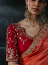 Coral Red Embroidered Designer Satin Silk Saree