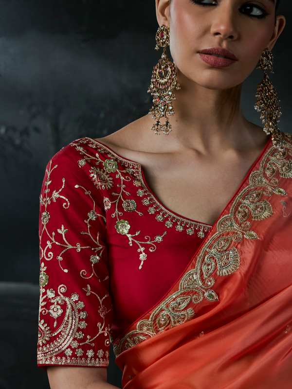 Coral Red Embroidered Designer Satin Silk Saree