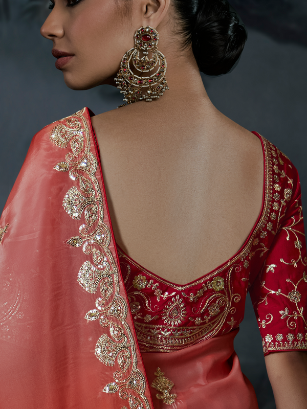 Coral Red Embroidered Designer Satin Silk Saree