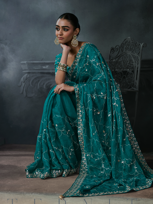 Peacock Teal Embroidered Designer Satin Silk Saree