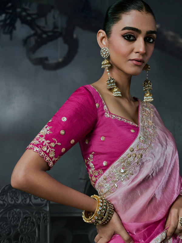 Rose Pink Embroidered Designer Tissue Silk Saree