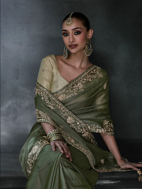 Olive Green Embroidered Designer Organza Silk Saree