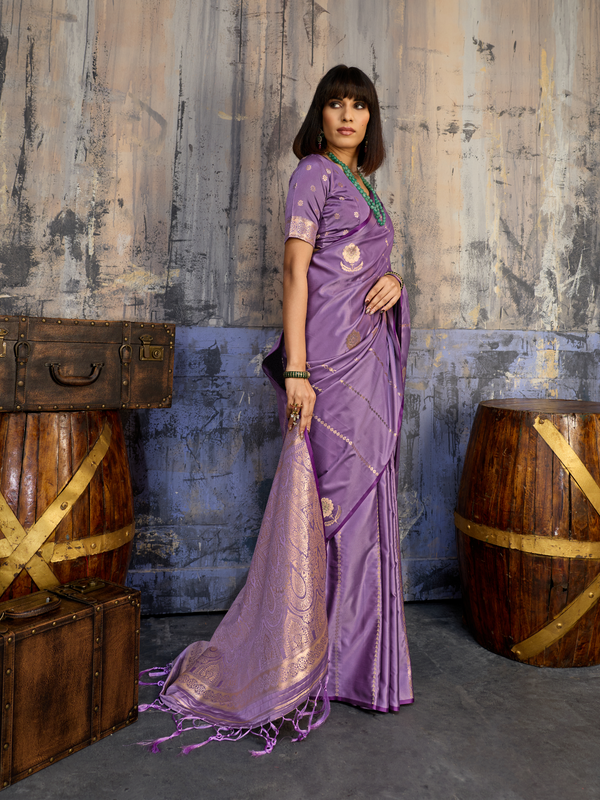 Lilac Purple Banarasi Satin Silk Saree