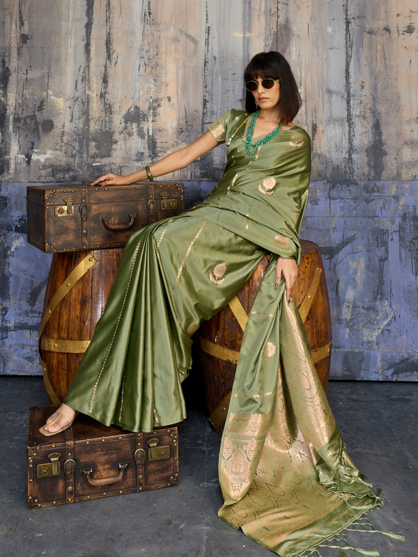Olive Green Banarasi Satin Silk Saree