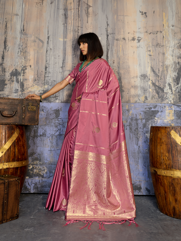 Rose Pink Banarasi Satin Silk Saree