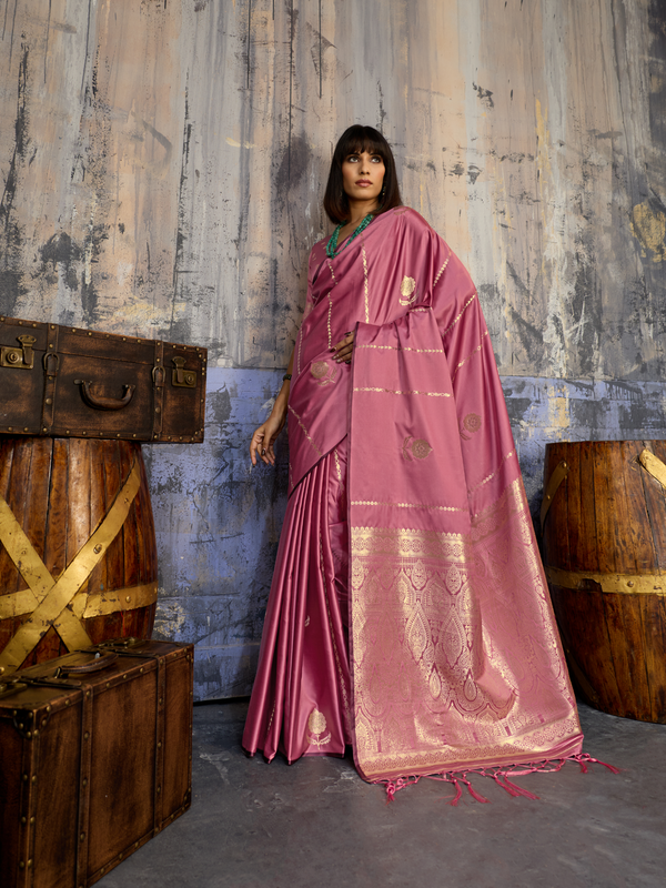 Rose Pink Banarasi Satin Silk Saree
