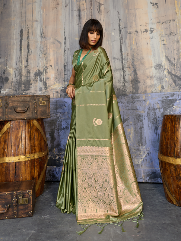 Olive Green Banarasi Satin Silk Saree