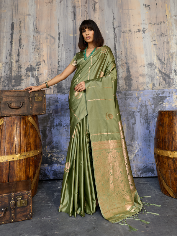 Olive Green Banarasi Satin Silk Saree