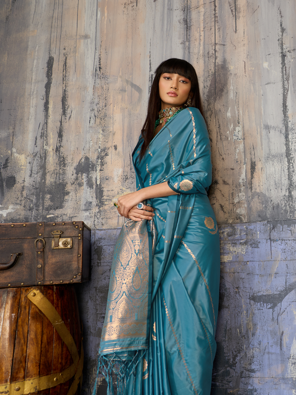 Teal Blue Banarasi Satin Silk Saree