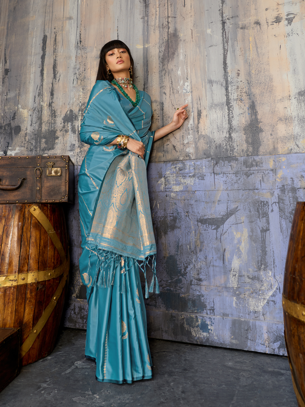 Teal Blue Banarasi Satin Silk Saree