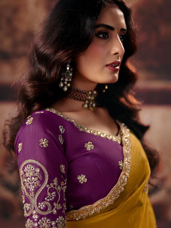 Mustard Yellow Embroidered Designer Organza Silk Saree With Contrast Blouse