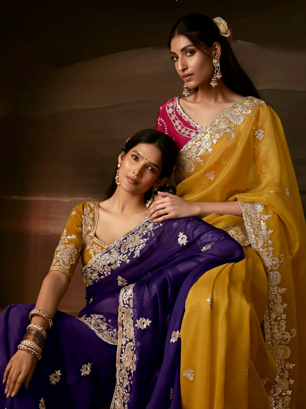 Deep Violet Embroidered Designer Organza Silk Saree