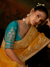 Mustard Yellow Embroidered Designer Tissue Silk Saree With Contrast Blouse