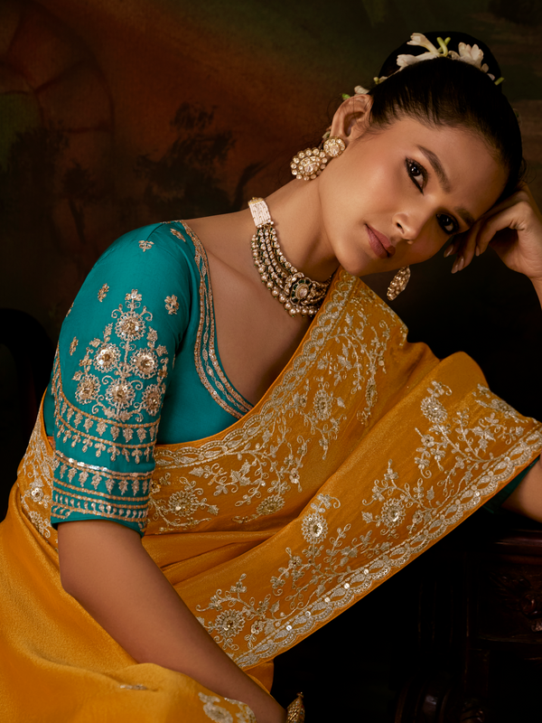 Mustard Yellow Embroidered Designer Tissue Silk Saree With Contrast Blouse