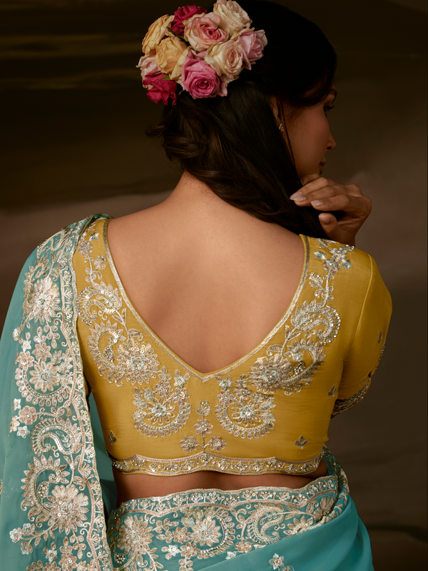 Aqua Blue Embroidered Designer Organza Silk Saree