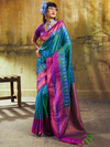 Peacock Blue Kanjivaram Silk Saree With Contrast Blouse