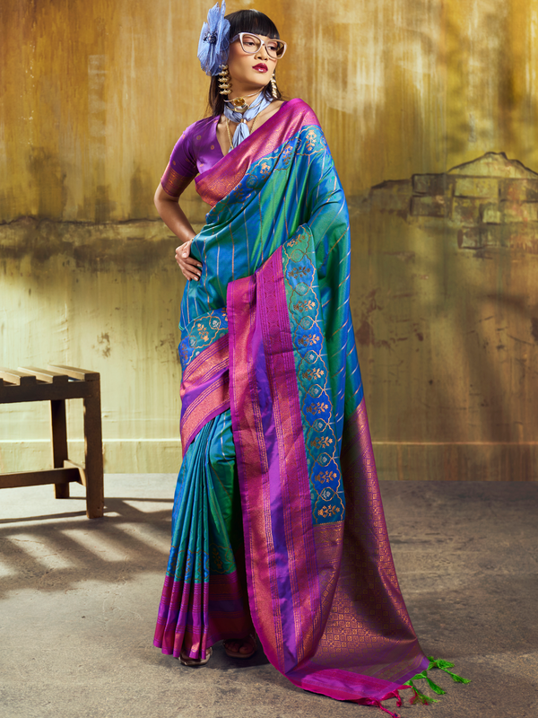 Peacock Blue Kanjivaram Silk Saree With Contrast Blouse