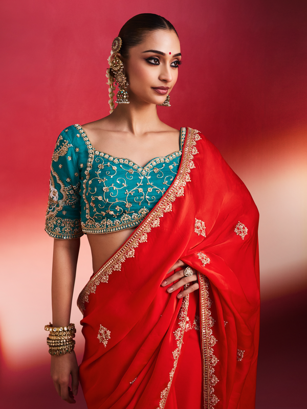Scarlet Red Embroidered Designer Satin Silk Saree With Contrast Blouse