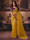Mustard Yellow Embroidered Designer Organza Silk Saree With Contrast Blouse