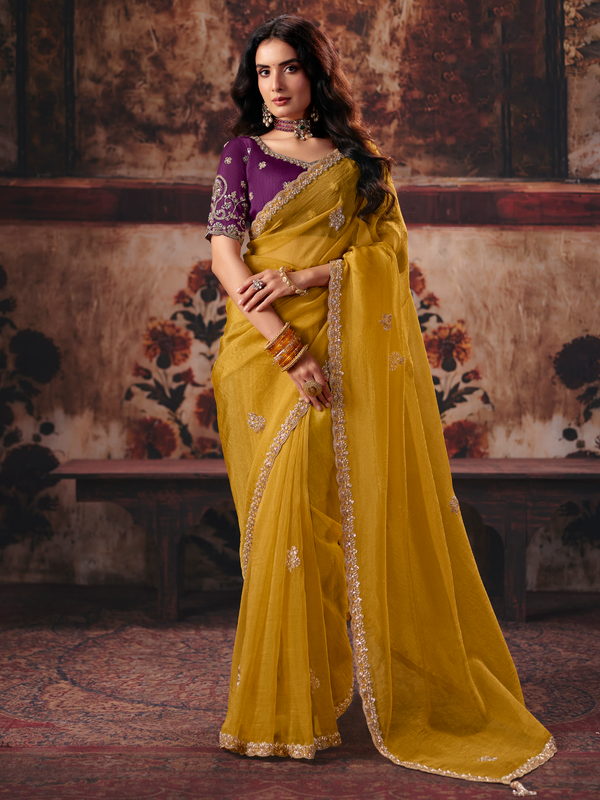 Mustard Yellow Embroidered Designer Organza Silk Saree With Contrast Blouse