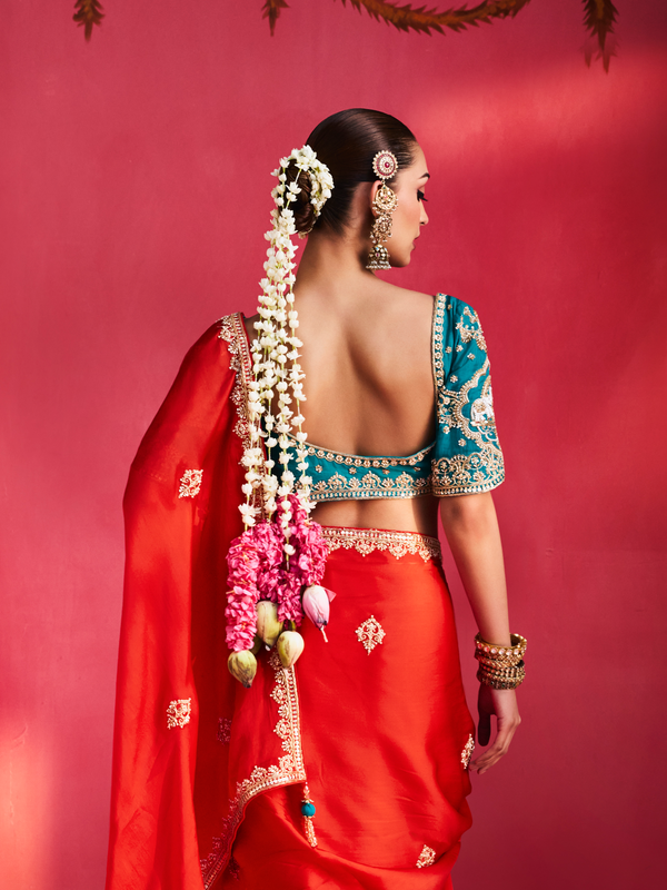 Scarlet Red Embroidered Designer Satin Silk Saree With Contrast Blouse